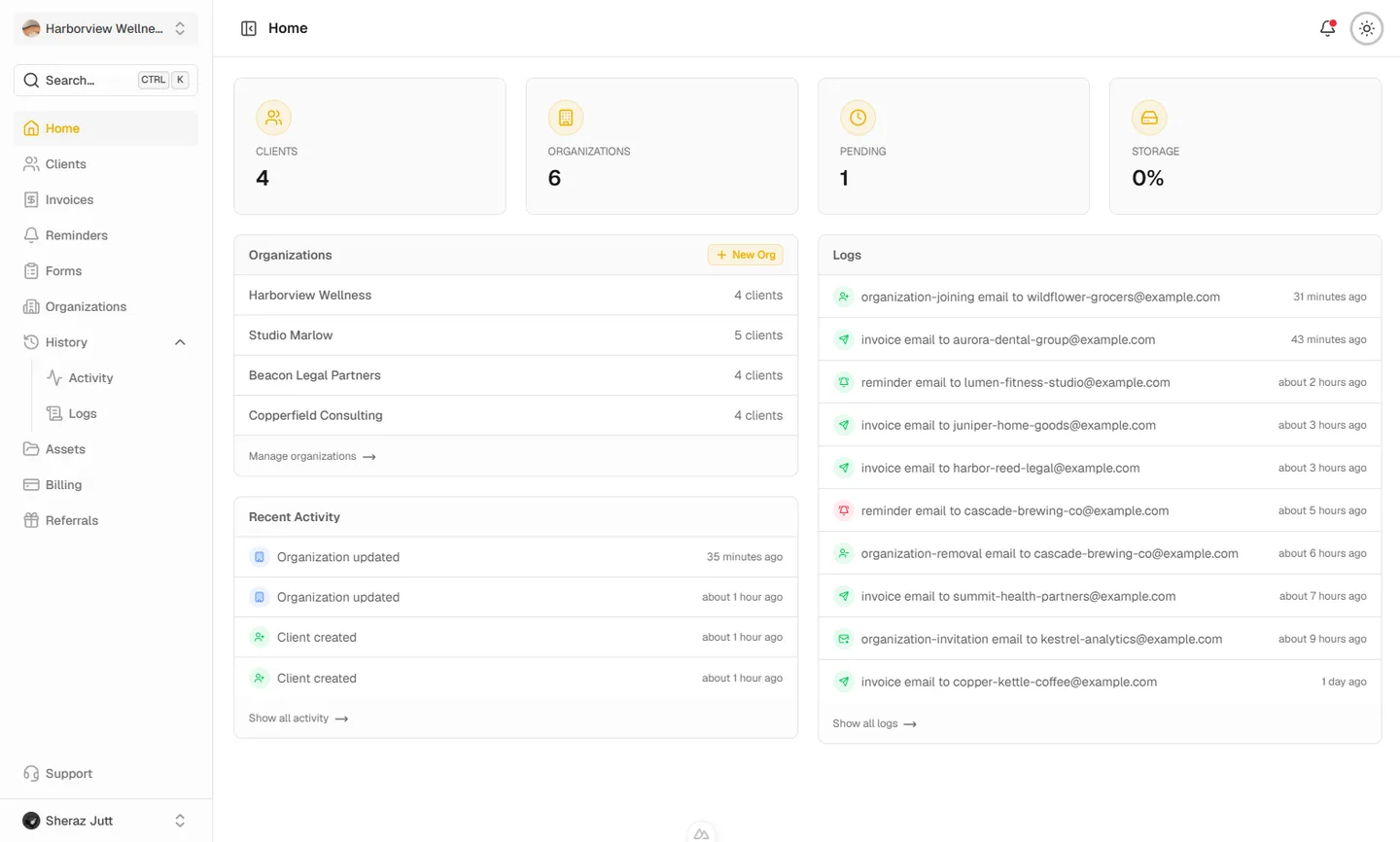 Centralyn dashboard home showing client, organization, pending, and storage totals with recent activity and email delivery logs