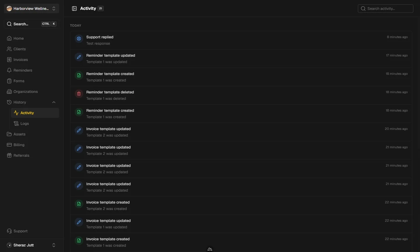 Activity feed listing recent changes across the organization