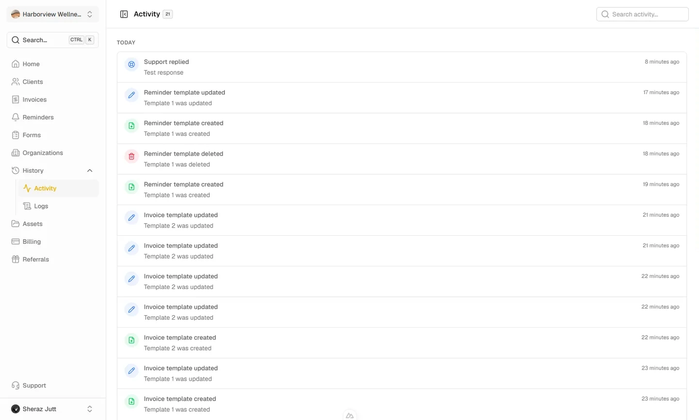 Activity feed listing recent changes across the organization