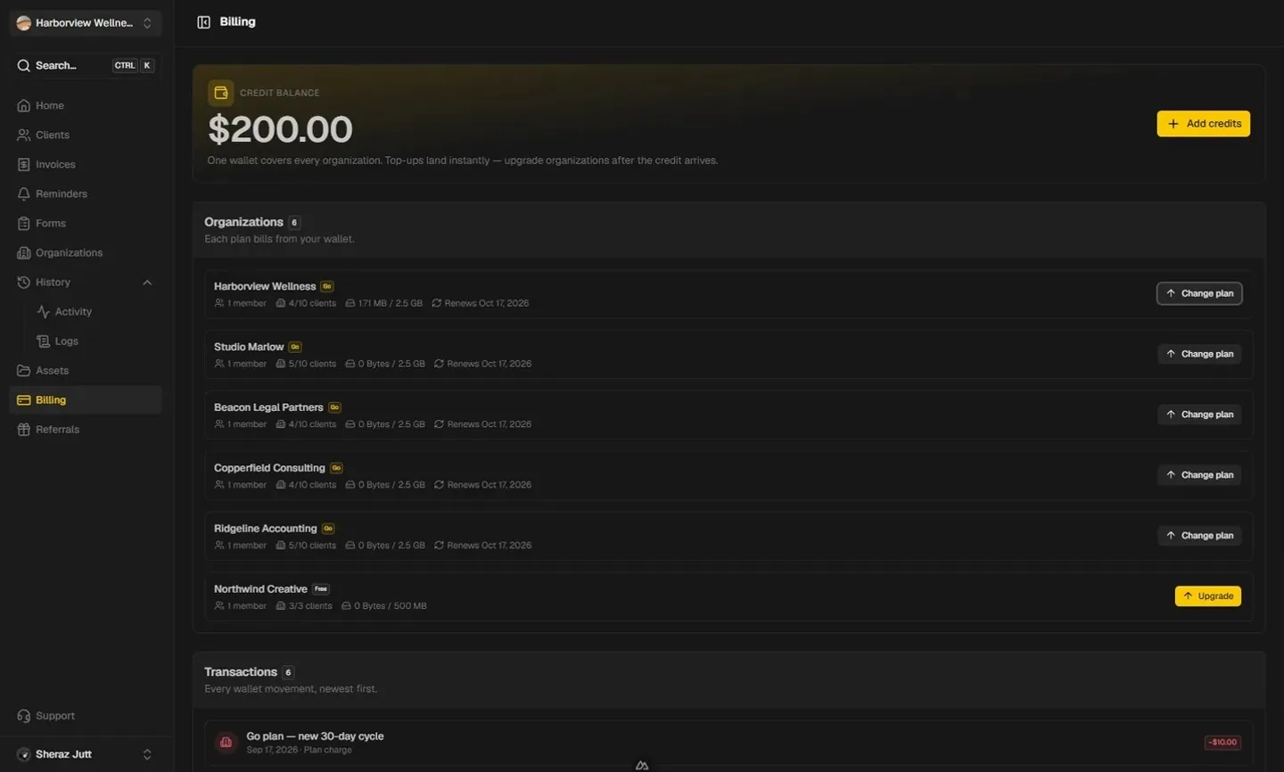 Billing overview with wallet balance, current plan, and transaction history