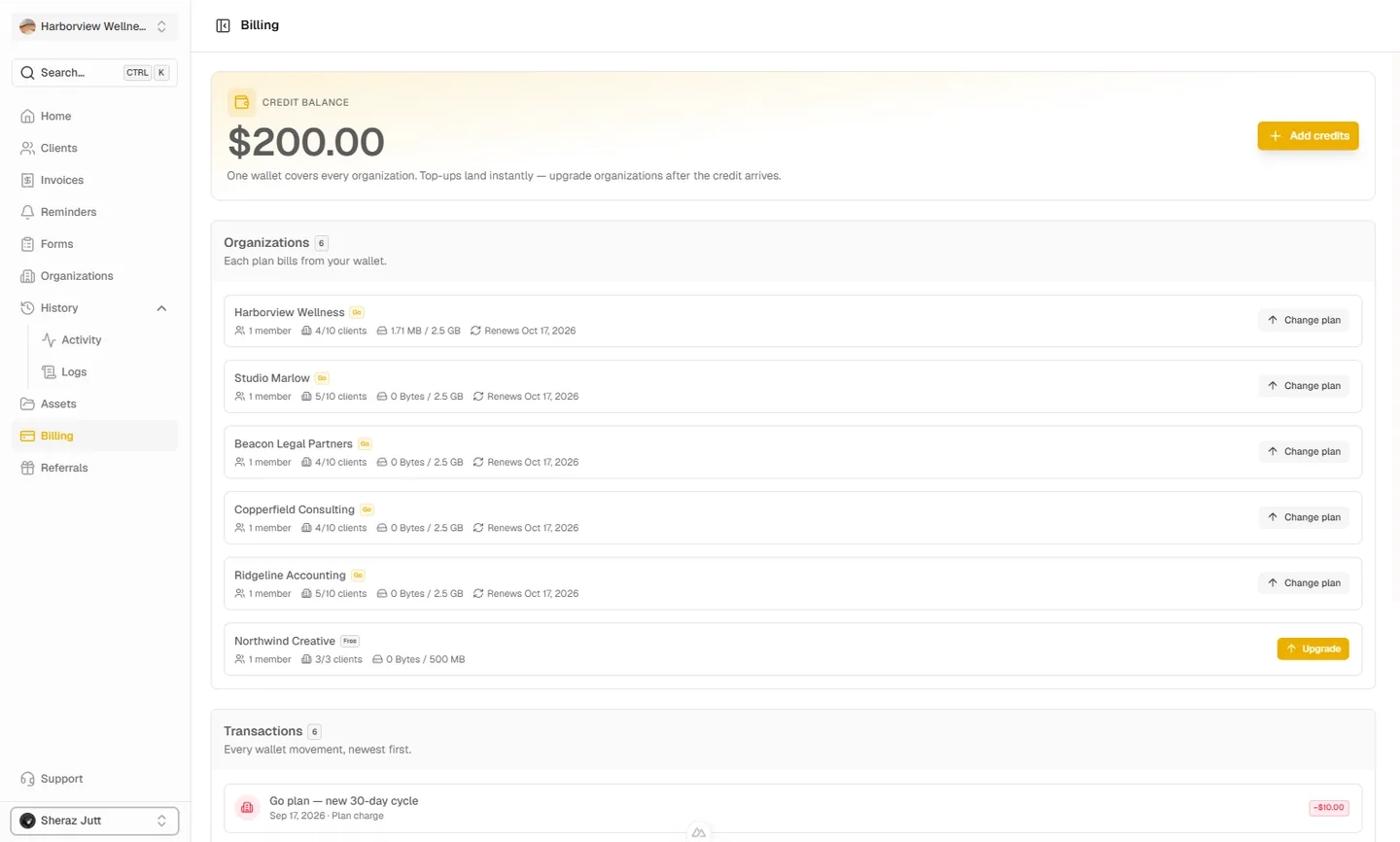 Billing overview with wallet balance, current plan, and transaction history