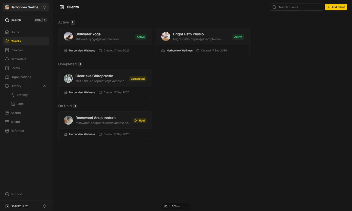 Client list grouped by Active, Completed, and On Hold status