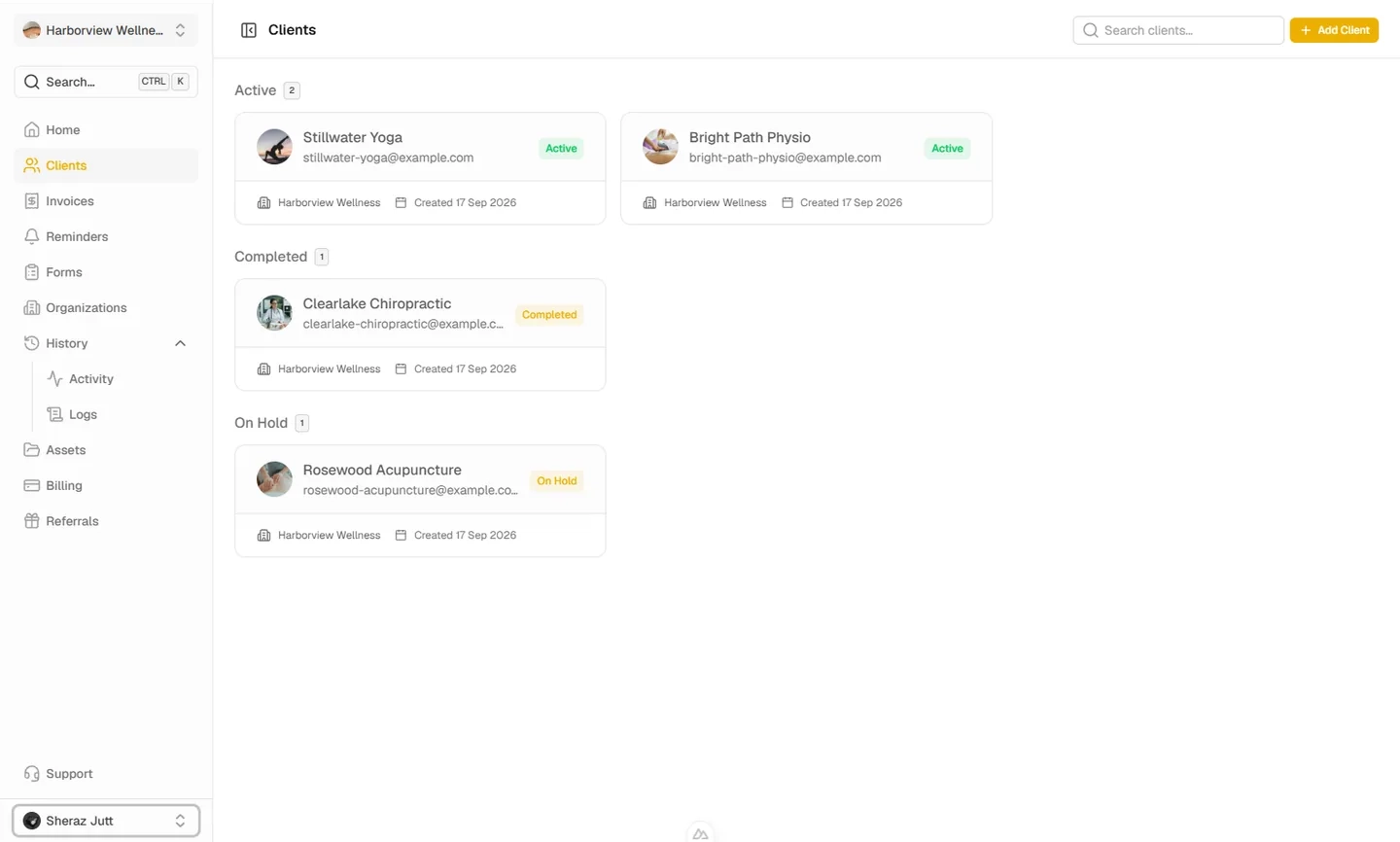 Client list grouped by Active, Completed, and On Hold status