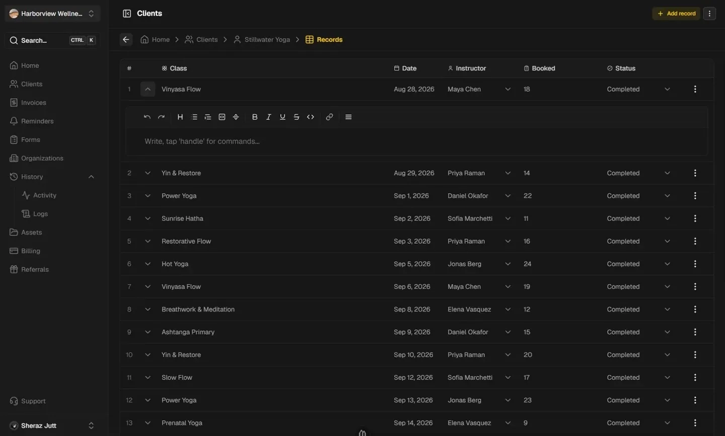 Expanded record row showing its fields, notes, and attached files