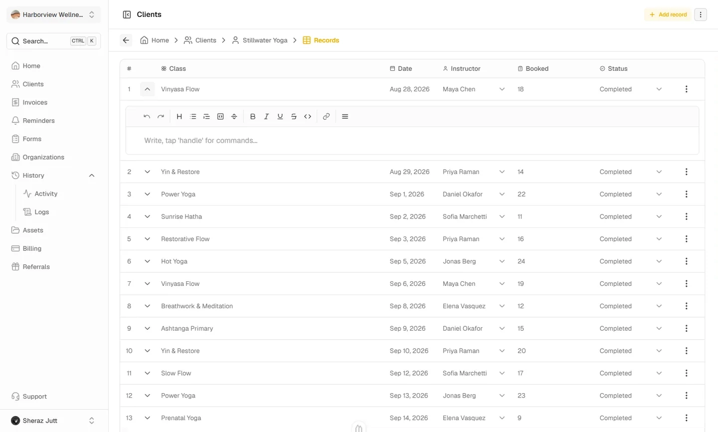 Expanded record row showing its fields, notes, and attached files