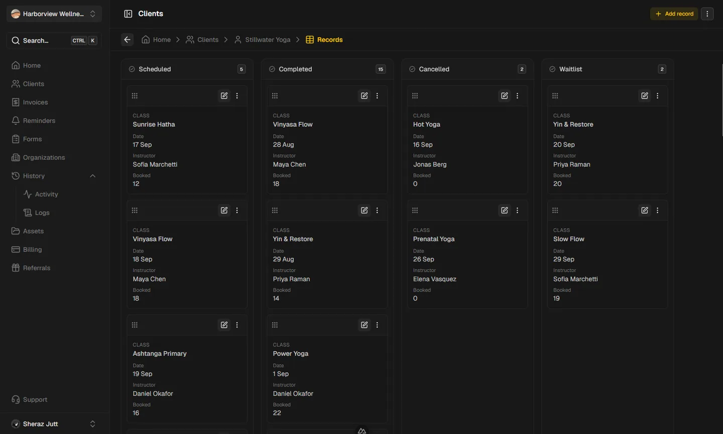 Work records shown as a board grouped into Scheduled, Completed, Cancelled, and Waitlist columns