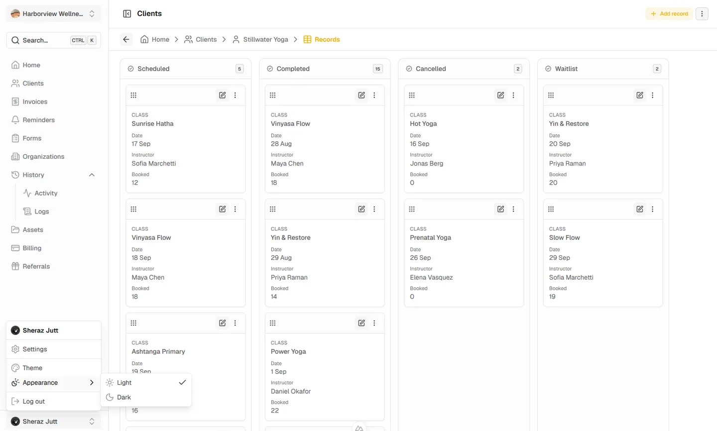 Work records shown as a board grouped into Scheduled, Completed, Cancelled, and Waitlist columns