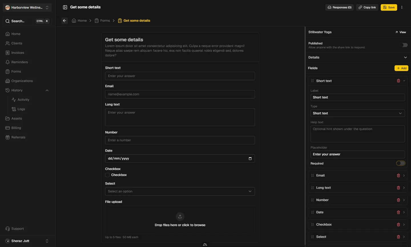 Form builder with text, date, and file-upload fields