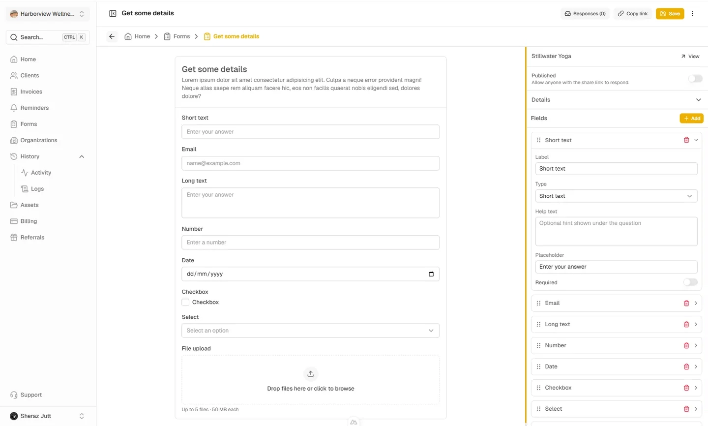Form builder with text, date, and file-upload fields