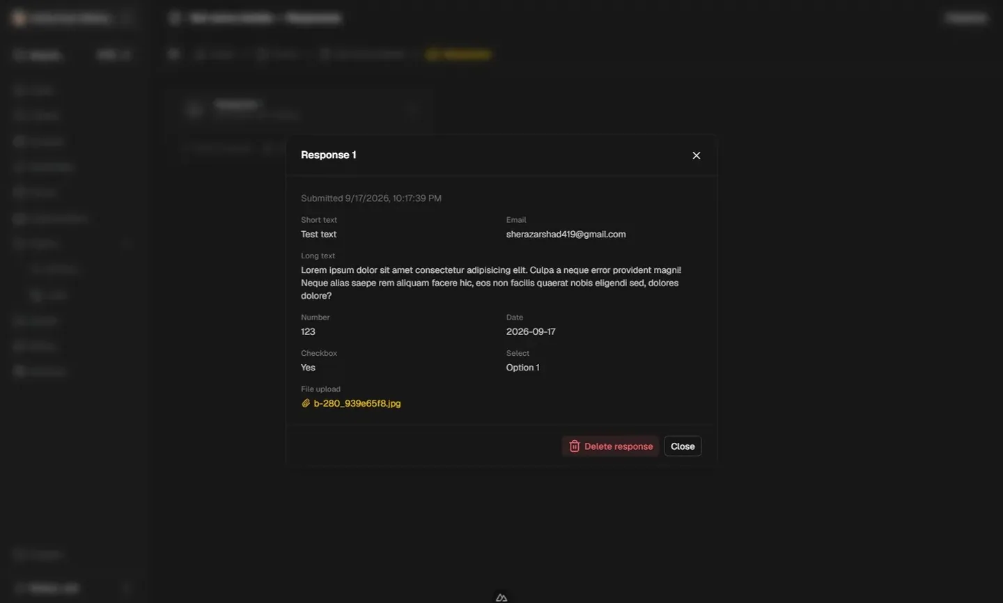 Form responses list showing submitted answers and uploaded files