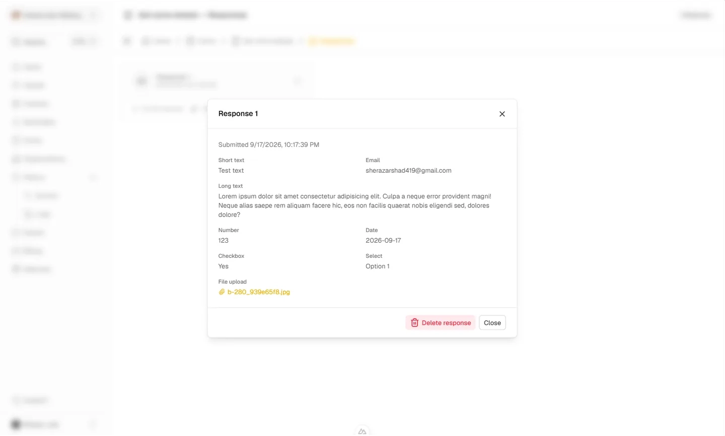 Form responses list showing submitted answers and uploaded files
