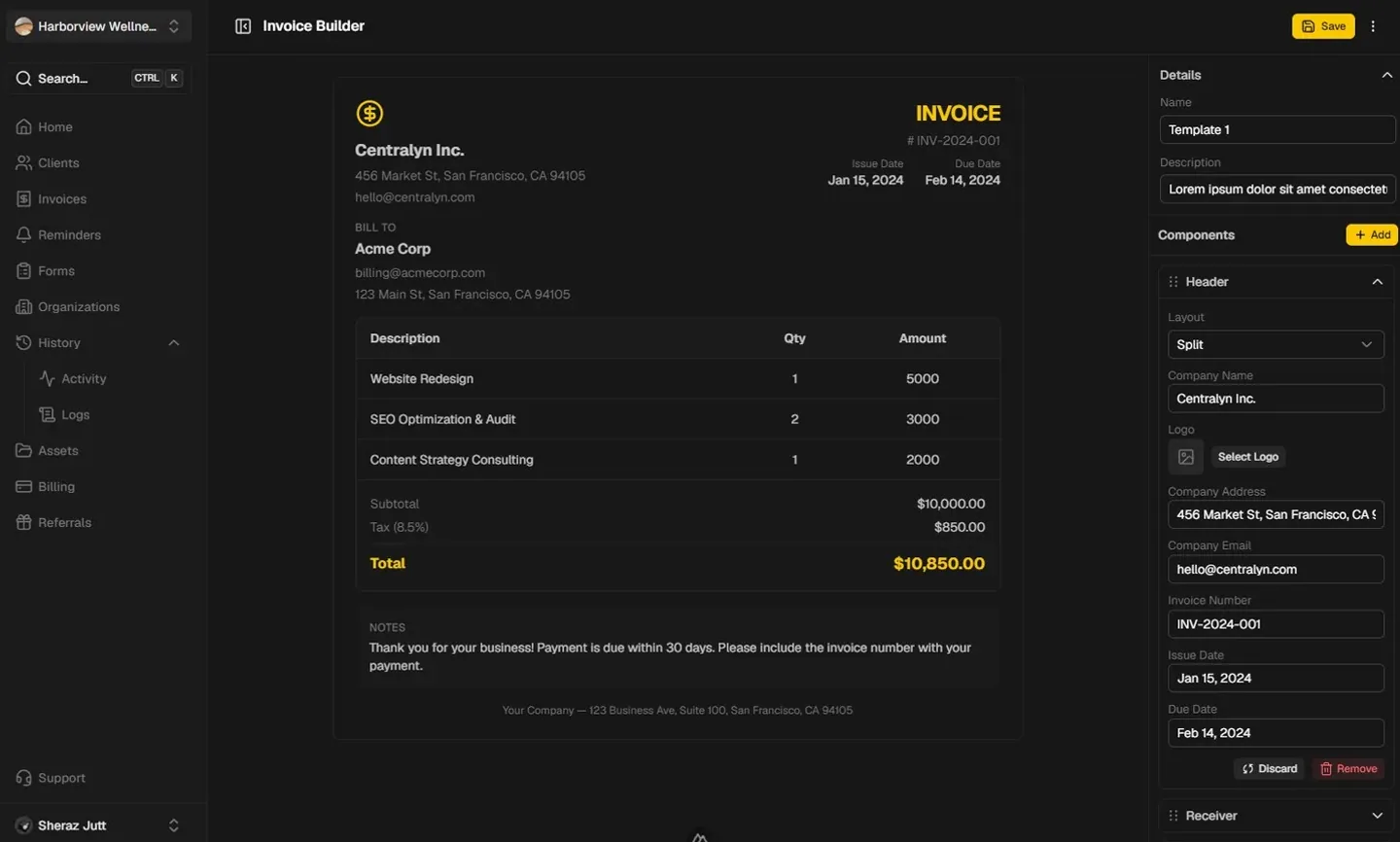 Invoice builder with line items, totals, and a live preview