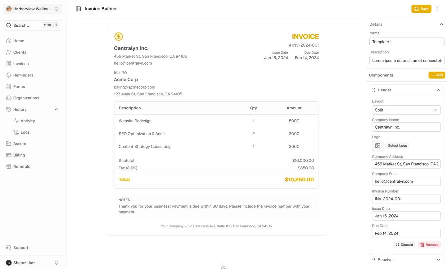 Invoice builder with line items, totals, and a live preview