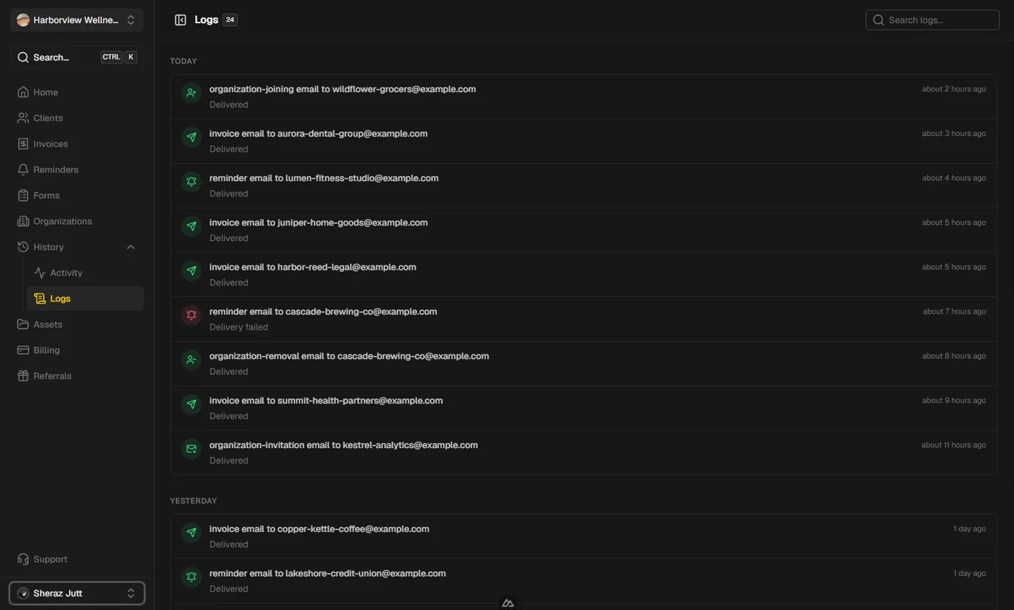 Email delivery log showing sent messages and their delivery status