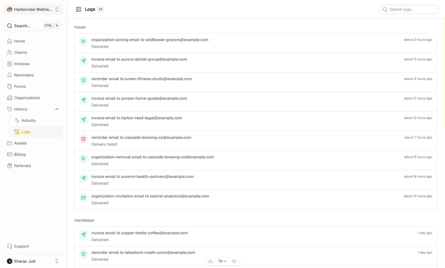 Email delivery log showing sent messages and their delivery status