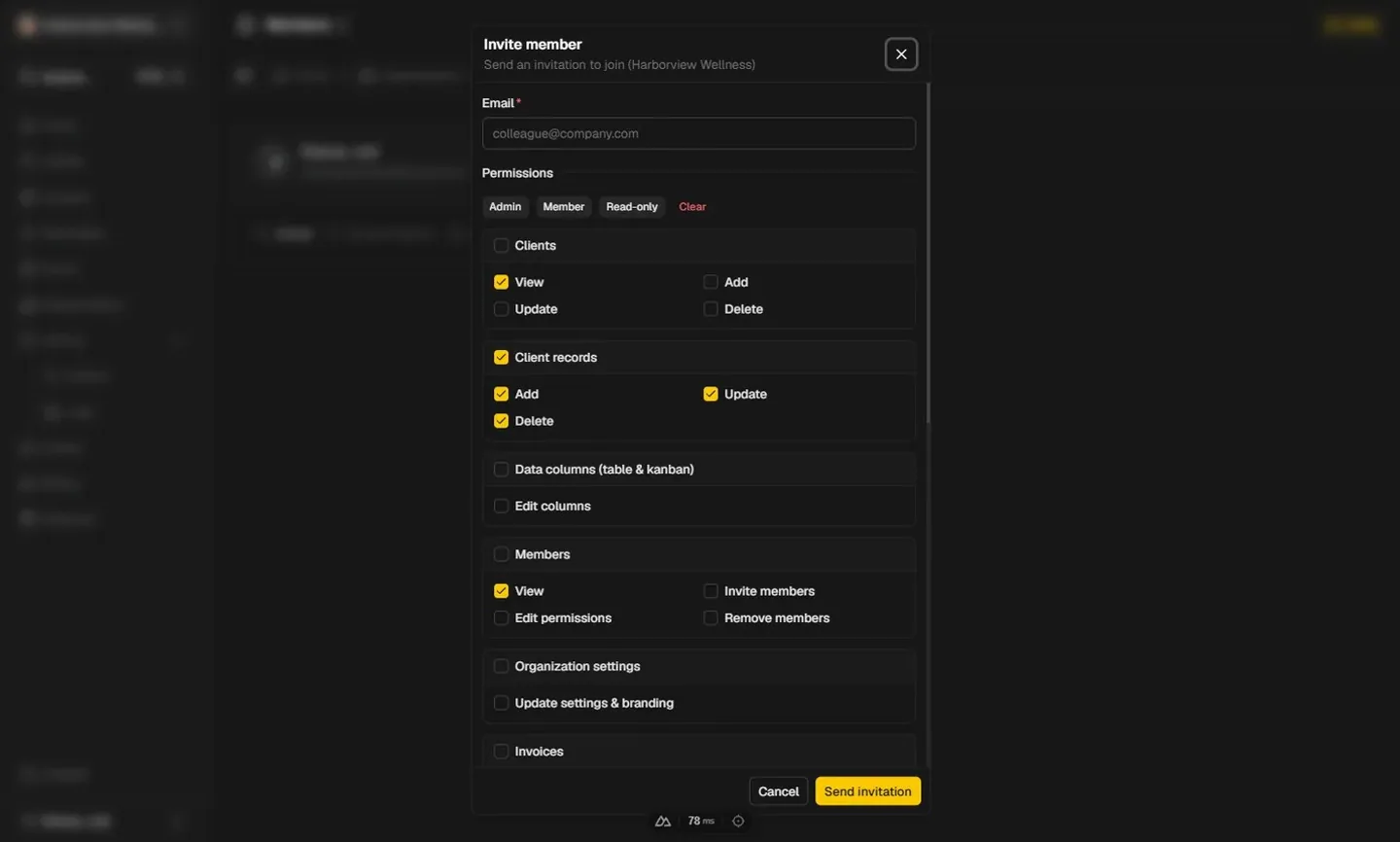 Member invitation dialog with role and permission options
