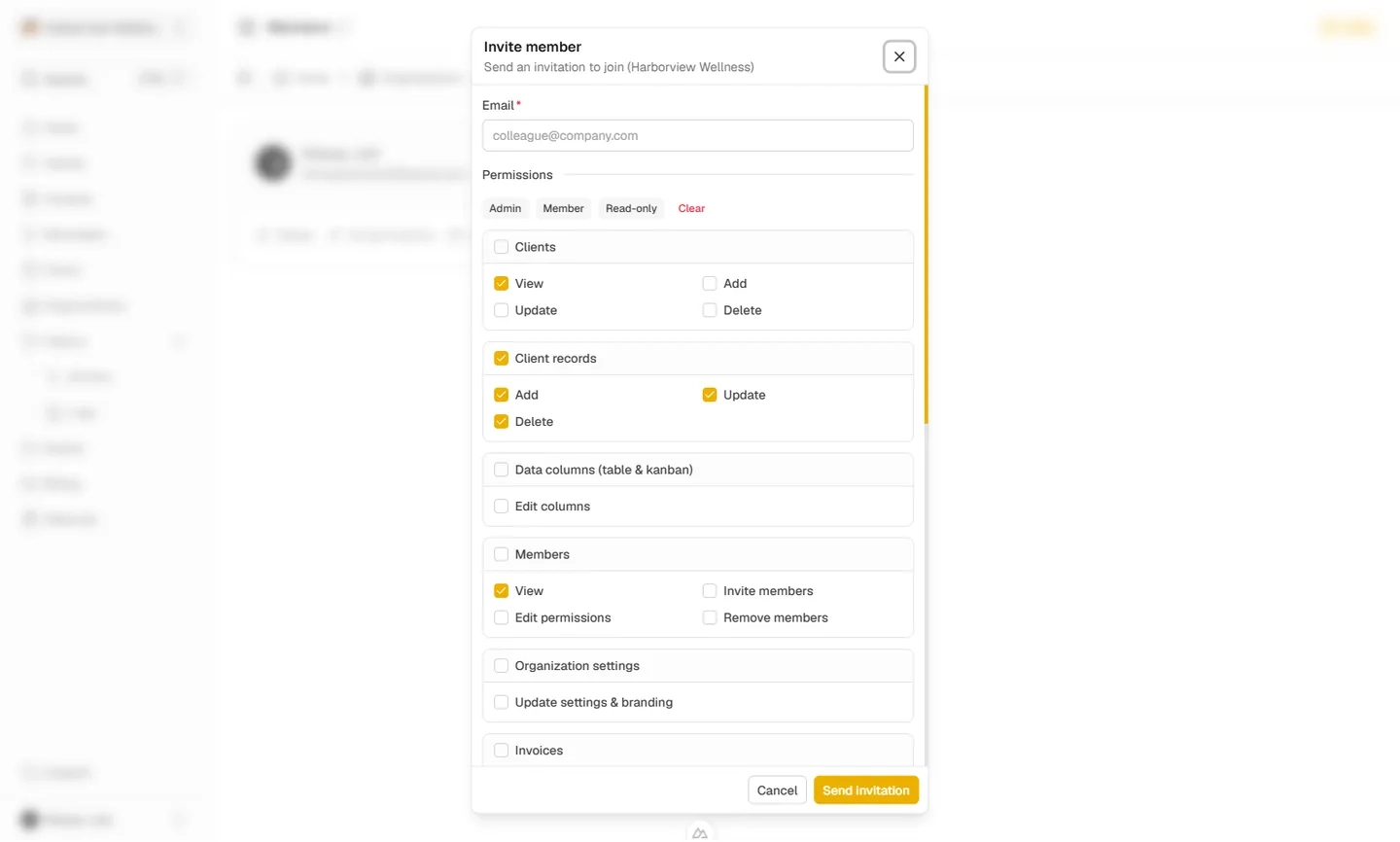 Member invitation dialog with role and permission options