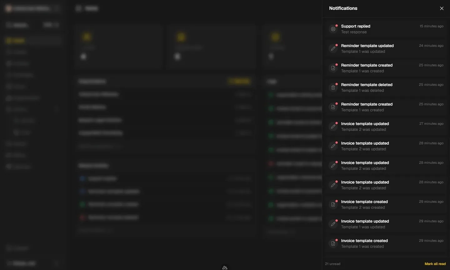 Notification panel listing recent organization updates