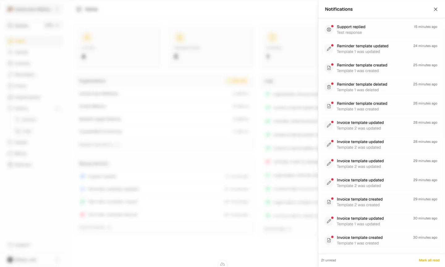 Notification panel listing recent organization updates