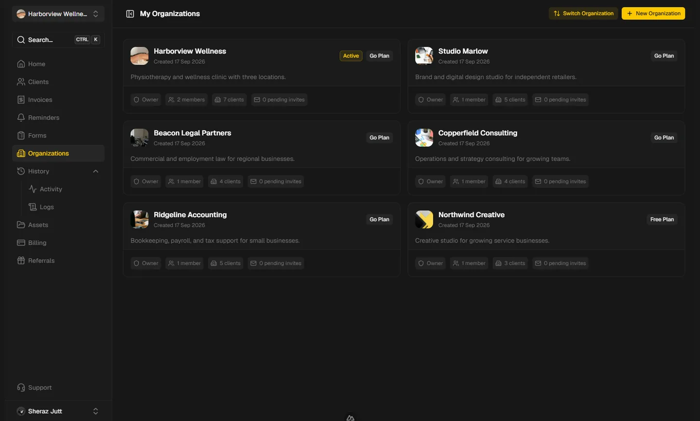 Organization list showing each workspace with its plan, members, clients, and pending invitations