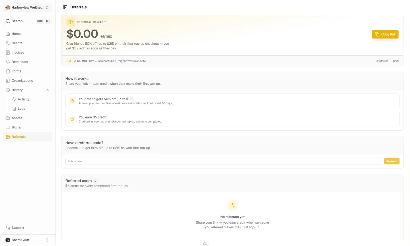 Referral rewards page with a referral link and earned credit