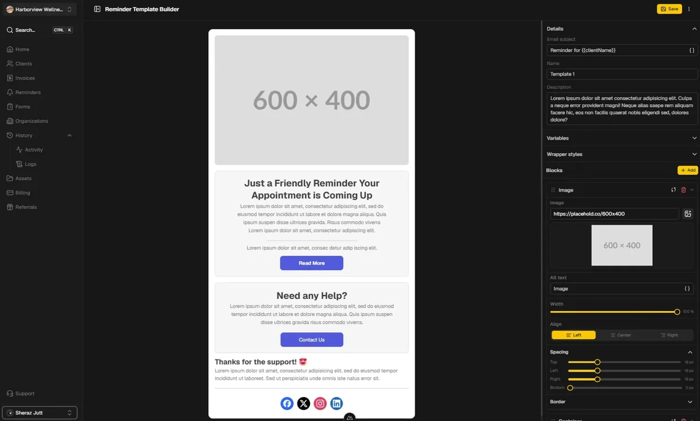 Reminder template builder with content blocks and variables