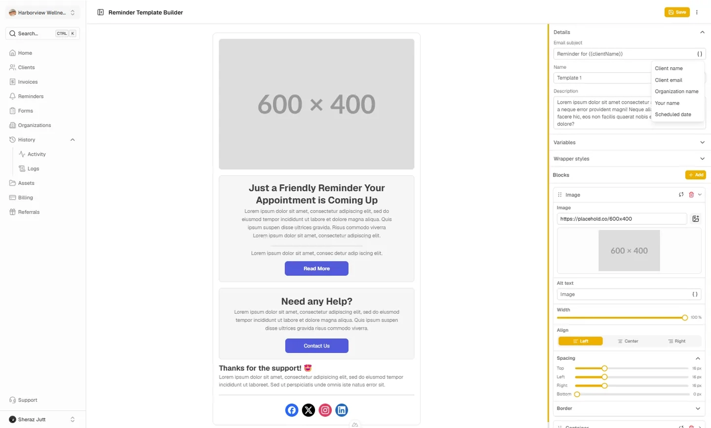 Reminder template builder with content blocks and variables