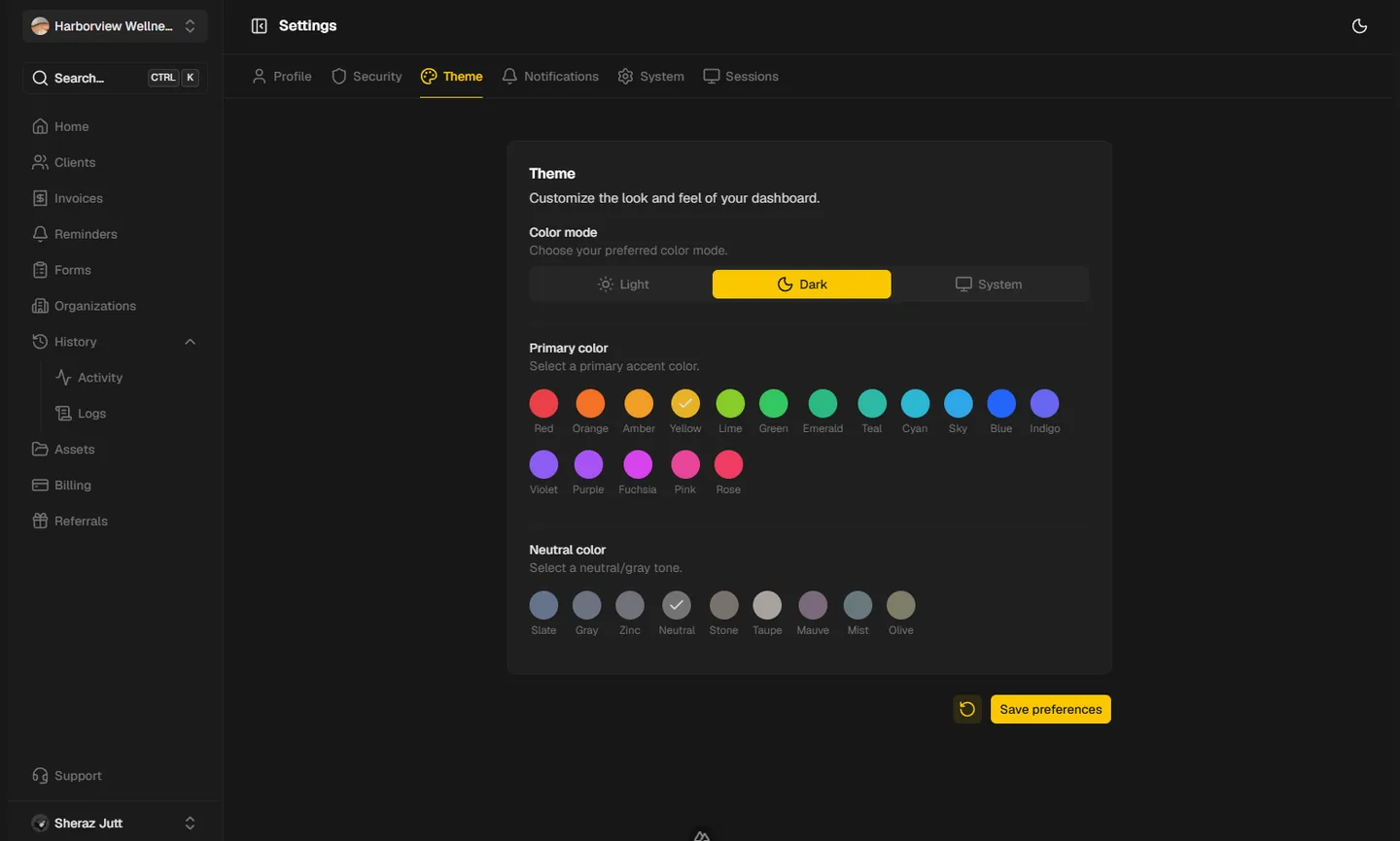 Appearance settings with color mode, primary color, and neutral color options