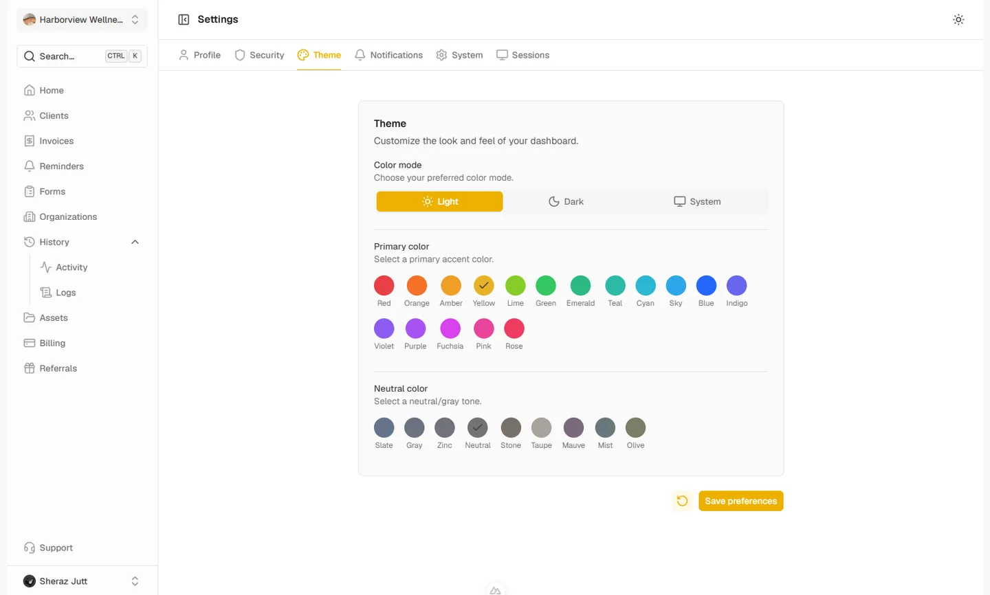 Appearance settings with color mode, primary color, and neutral color options
