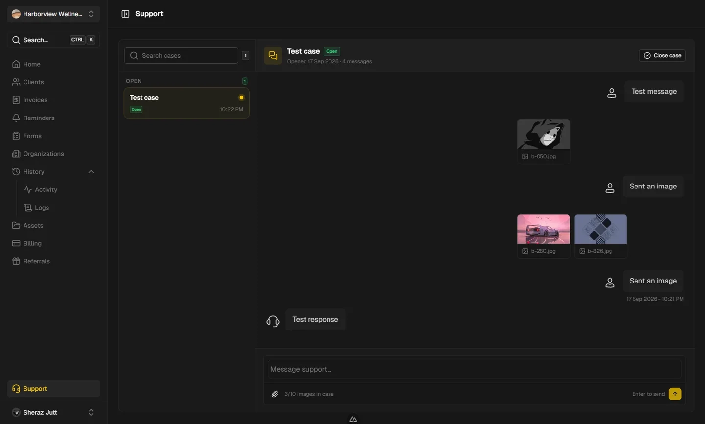 Support inbox with an open case and its message thread
