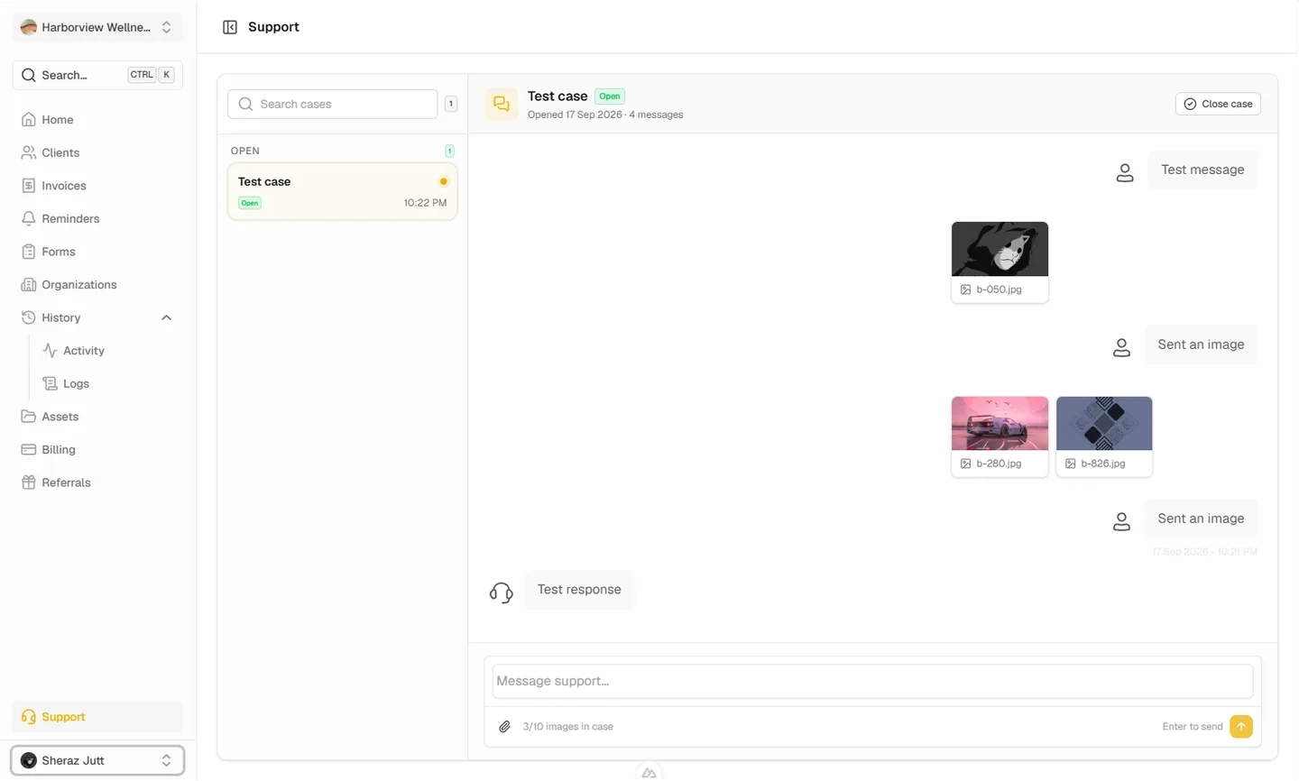 Support inbox with an open case and its message thread